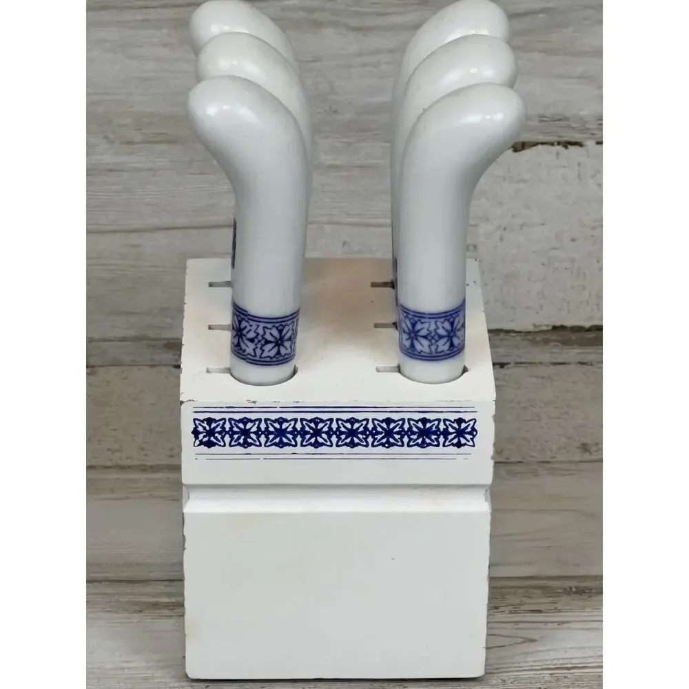 Vintage Blue White Ceramic Cheese Spreader Knife Set w/ Wood Block Japan 4 Pc